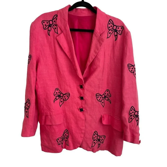 Vintage 80s‎ / 90s bright pink oversized blazer with embroidered  bow detail M - Picture 1 of 13